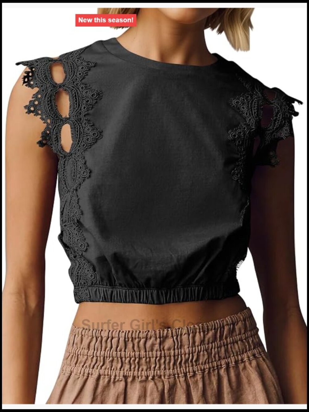 Women's Lace Trim Cutout Bubble Tank Top Boho Sleeveless Crop Cotton Spandex
